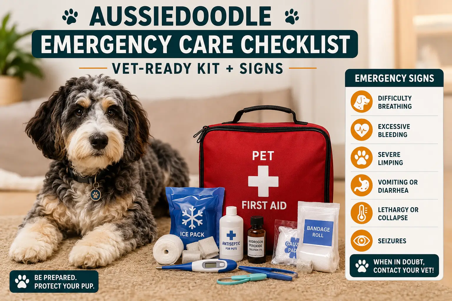 Aussiedoodle Emergency Care Checklist Vet-Ready Kit + Signs